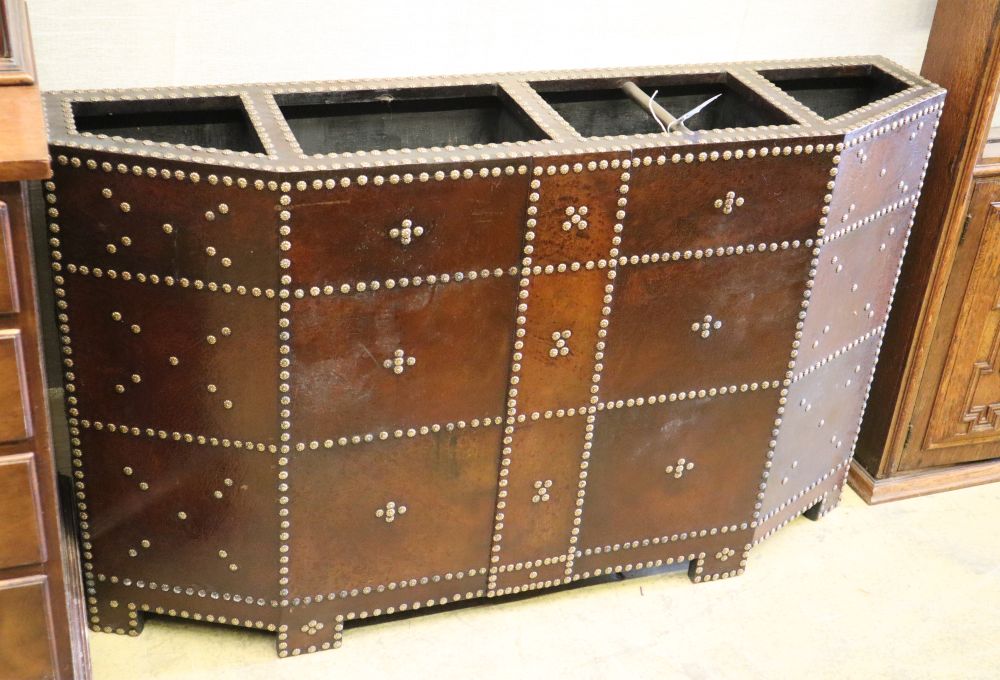 A leather studded five division stickstand (old parts), W.123cm, D.29cm, H.74cm